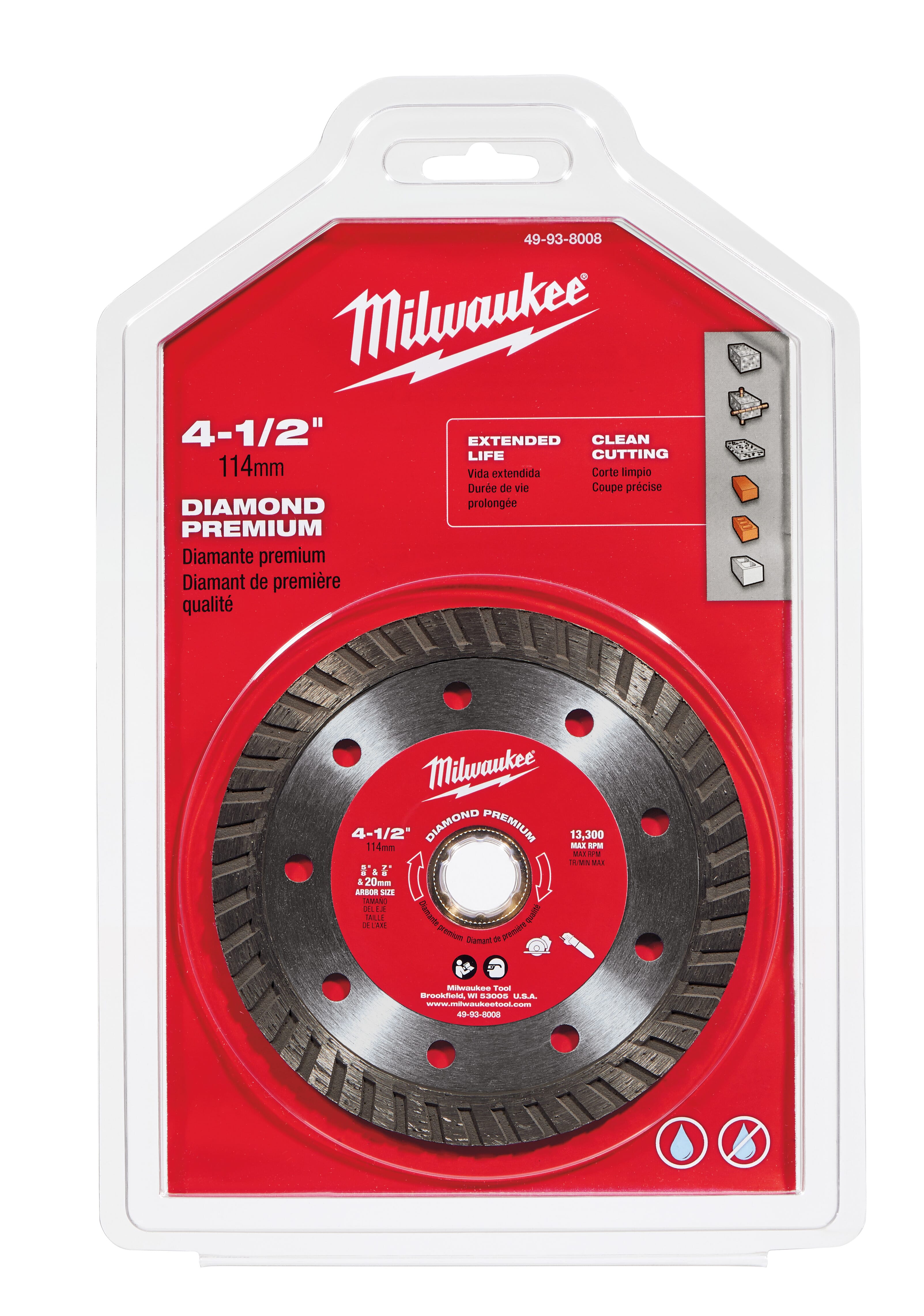 Milwaukee® 49-93-8008 Premium Turbo Circular Diamond Saw Blade, 4-1/2 in Dia Blade, 7/8 in, 20 mm, 5/8 in Arbor/Shank, Wet/Dry Cutting